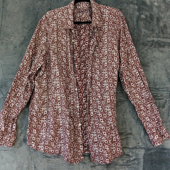 Tasso Elba Other - Tasso Elba Shirt Mens 2XL Brown White Floral Print Linen Button Up Long Sleeve